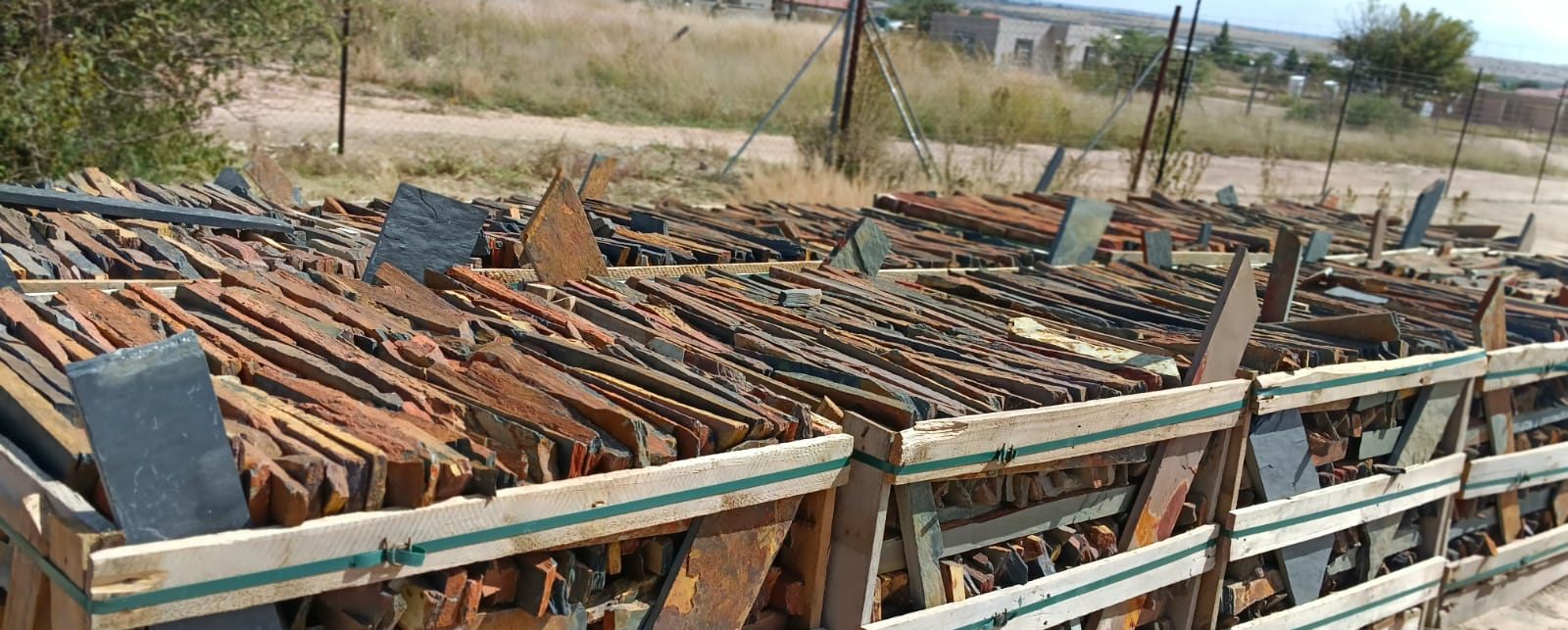 Crates of natural slate in our stock yard